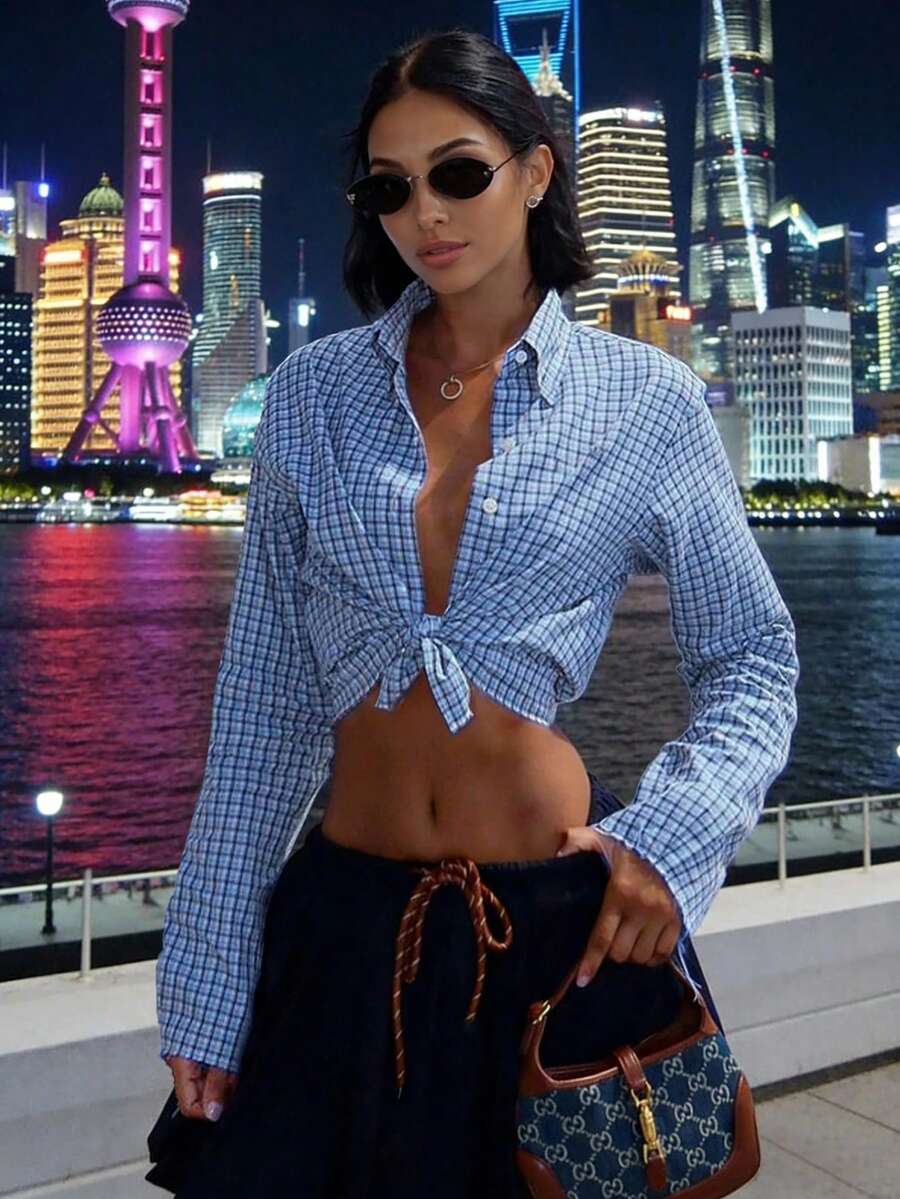 女士长袖格子梭织面料休闲衬衫，适合秋季日常和旅行 - 彩色 - 查看 1