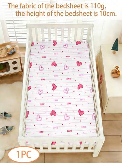 1PC Baby Bed Sheet, 110g Heart-Shaped Pattern Single Bed Sheet, Made Of Polyester Material, Digitally Printed, Suitable For Decorating Baby Bedrooms And Baby Beds, Gifts For All Seasons And Festivals, No Pillowcase