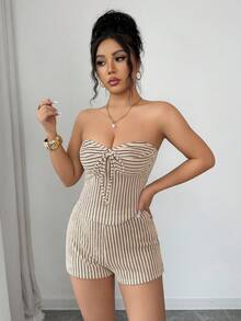 Women's Apricot Striped Elegant Casual Y2K Sexy Tie Front Bow Knot Tube Top And High Waist Shorts 2 Pieces Set, Beach Vacation, Party Spring Break Festival Season Summer Spring Outfits Co-Ord Set - Apricot - View 1