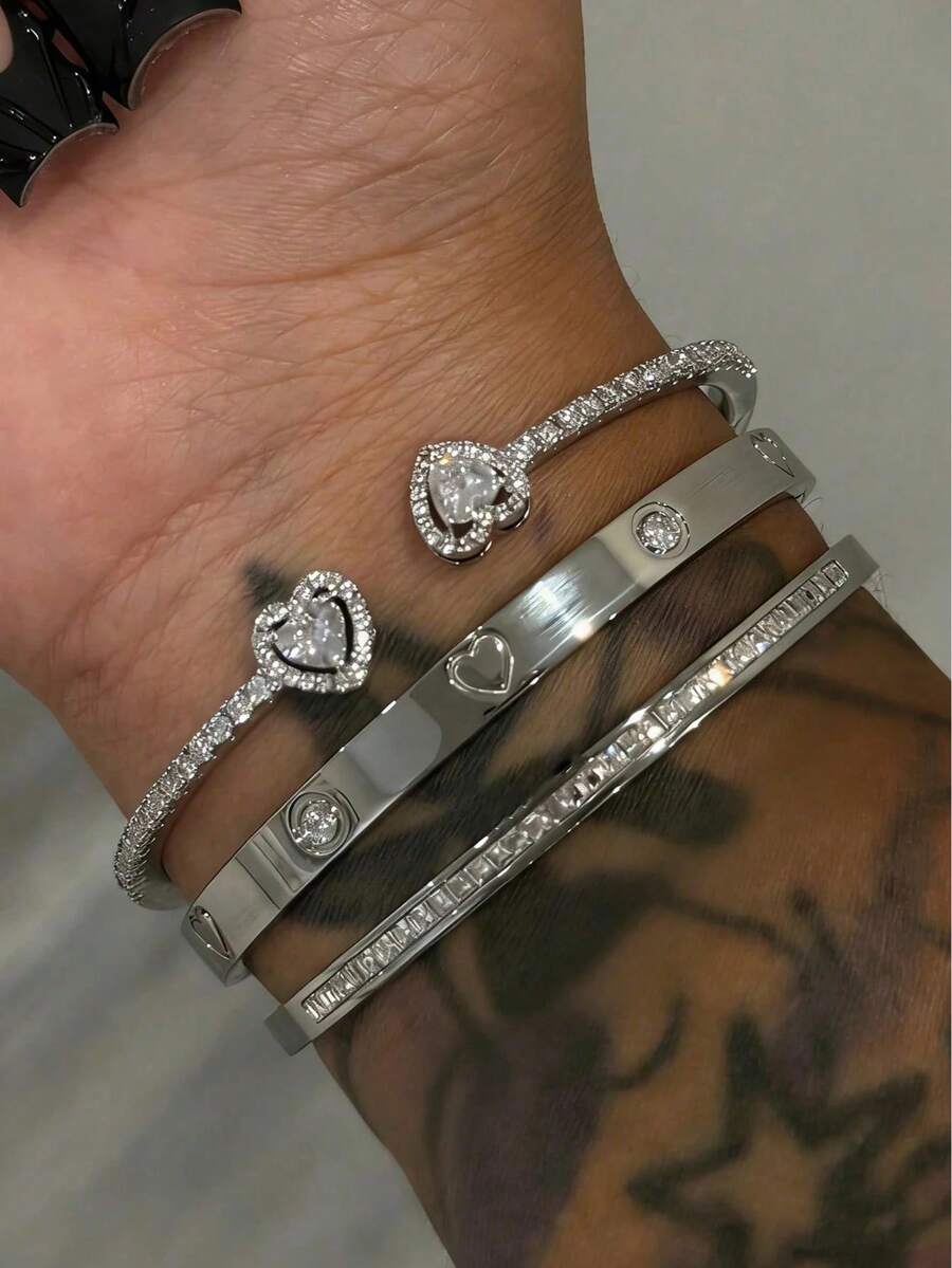 1/3pcs Set Stainless Steel 18K Gold Plated Diamond Heart Bangle, 14K Gold Copper Zirconia Open Cuff Bracelet, Fashion Women Daily Wear Holiday Gift Set - Silver - View 1