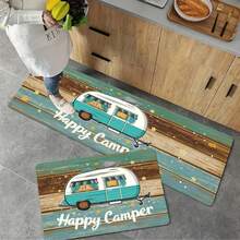 Tapis de bain avec motif de camping à grain de bois coloré et lettrage blanc - résistant à la décoloration, en polyester tricoté, tapis de sol rectangulaire pour la décoration de la salle de bain - Multicolore - Voir 5
