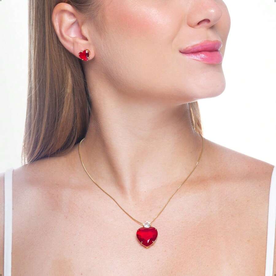 Women's Set: Earrings With Chain, Heart Pendant And Crystal Zirconia, 18k Gold Plated Costume Jewelry - 紅色 - 查看 1