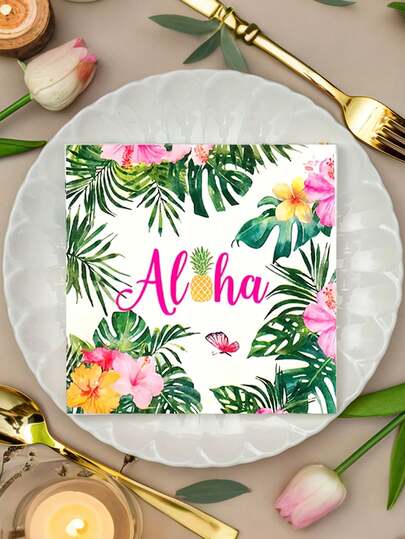 20pcs Tropical Hawaiian Themed Disposable Paper Napkins, Paper Disposable Napkins, Summer Palm Leaf Disposable Party Supplies With Pineapple And Hibiscus Flower Patterns, Suitable For Birthday And General Celebration, Wedding, Holiday Table Decoration