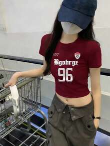 女士街头风露脐T恤，简约字母印花，修身酒红色夏季休闲上衣 - 酒紅色 - 查看 5