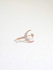 1枚时尚魅力设计全锆石月亮星星开口戒指，镀金铜质高品质真锆石戒指，女士款 - 玫瑰金 - 查看 2