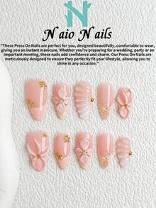 NAIO 10片/套 春夏手工按压式美甲贴片，夏季海滩主题美甲，棺材形/杏仁形/短方形甲片，Y2K 酷炫风格，裸色、黄色、粉色，法式边，粉色渐变，波浪纹，海星，花卉浮雕，海星金属珍珠配饰，奶油质地，适合女性和女孩，派对、日常佩戴，附带工具包，女士美甲用品、度假美甲的绝佳礼物，粘贴式假指甲套装，海洋主题礼物 - 彩色 - 查看 11