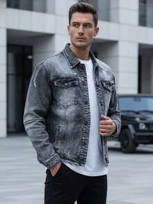 Men's Denim Jacket With Distressed Details, Slim Fit, Button Placket, Four Pockets, Button Cuffs, Short Style, Washed Denim Jacket With Street Style, And Excellent Workmanship. - Black - View 1