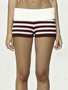 Women Y2K Striped Foldover Knit Shorts Low Waist Slim Fit Knit Mini Shorts Retro Micro Boxer Short Pants Streetwear - Màu Đỏ Sâu - Xem 5