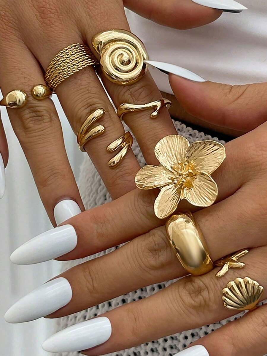 8pcs/Set Vintage Smooth Plain Rings, Bohemian Starfish Personalized Rings, Fashion Rings - Vàng - Xem 1