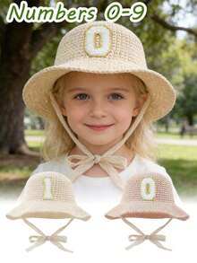 白色数字图案女童草帽，清新甜美，圆顶蕾丝系带草帽，小渔夫帽，防晒，适合春夏、海滩、乡村风格，平檐，遮阳，25℃及以上 - 彩色 - 查看 1