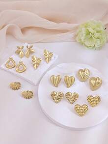8 Pairs Vintage Gold-Tone Stud Earrings Set, Including Geometric Asymmetrical, Heart, Leaf And Other Fashionable Designs. Made Of Stainless Steel, Hypoallergenic And Durable, Vintage Gold Tone With Premium Feel. Versatile For Casual, Dress, Daily Wear, Vacation, Wedding, Also A Great Gift Idea For Valentine's Day, Birthday, Mother's Day. - Gold - View 3