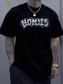 Homies Lettering Represents Camaraderie Loyalty And A Brotherhood Bond This Graphic Tee Is A Symbol Of Close Friendships And Shared Experiences Perfect For Everyday Wear 1Pcs Men's Casual 220g Tee - 黑色 - 查看 6