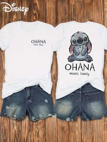 Disney Stitch Print, Front And Back Prints, Soft And Elastic Casual Short Sleeved Top, Fashionable Short Sleeved Round Neck T-Shirt, Women's Clothing - 白色 - 查看 1