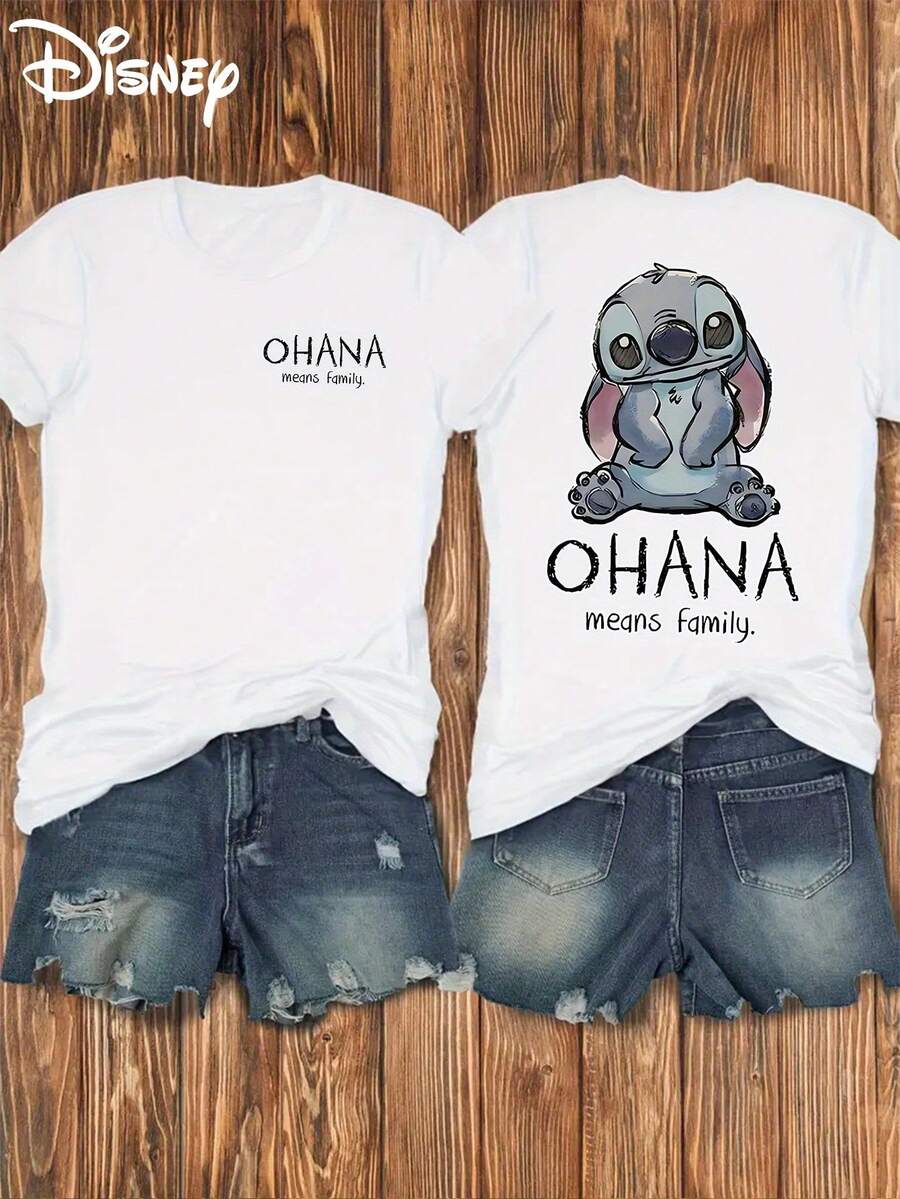 Disney Stitch Print, Front And Back Prints, Soft And Elastic Casual Short Sleeved Top, Fashionable Short Sleeved Round Neck T-Shirt, Women's Clothing - 白色 - 查看 1