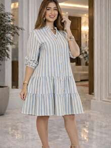 Women's Striped Shirt Dress, Midi Style, Casual, Elegant, Evangelical Fashion, Conservative Woman, Button Details, Front, Ruffle Layer, Comfortable, Flowing Fit. A Delicate, Feminine And Stylish Dress For Women Who Value Comfort And Sophistication In Their Daily Lives. - 淺藍色 - 查看 1