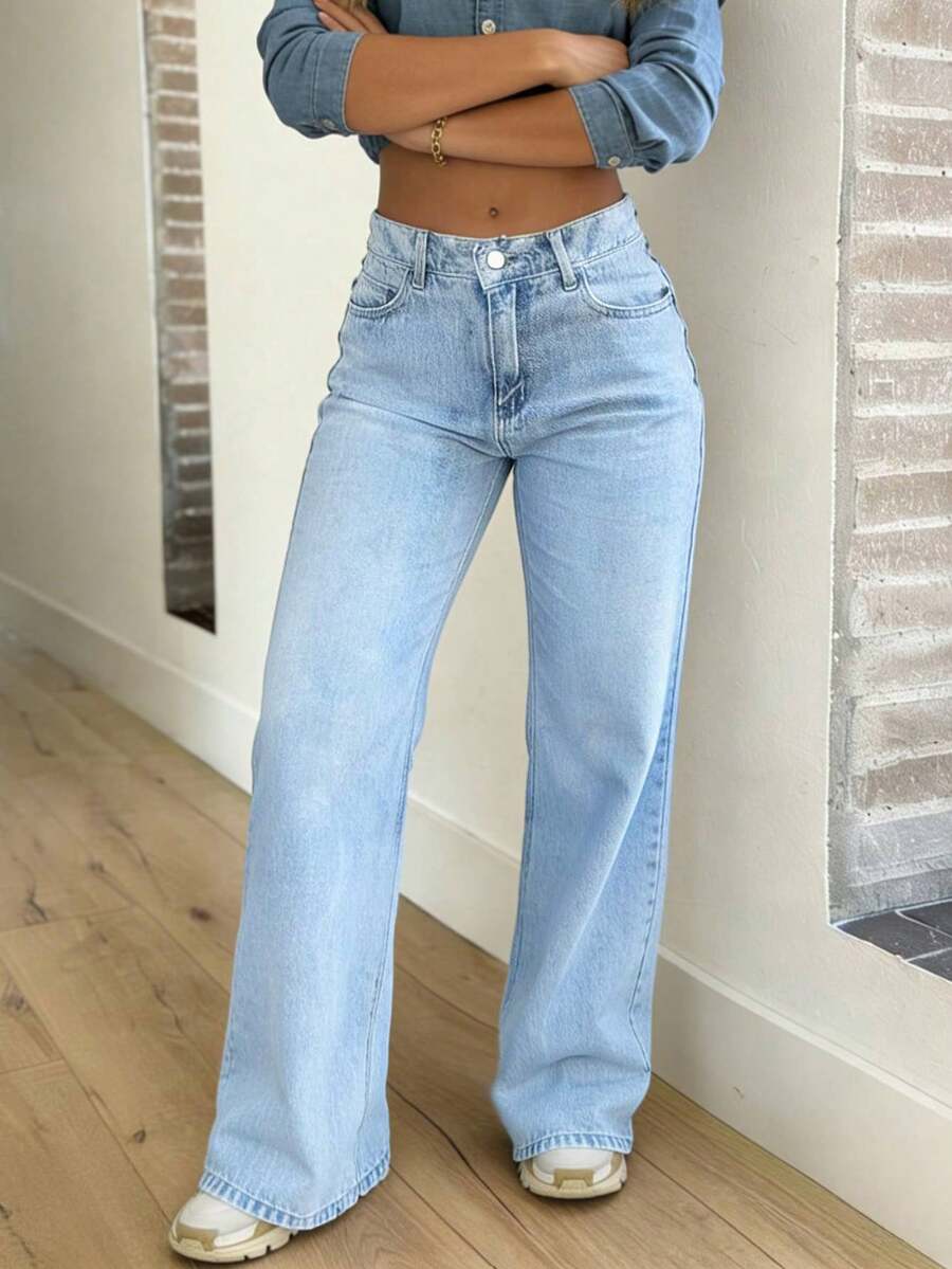 Quần jeans ống đứng dáng thường ngày cho nữ, kiểu dáng wash. - Rửa nhẹ - Xem 1