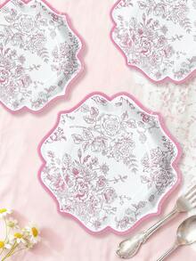 10 pièces/20 pièces/30 pièces Assiettes en papier vintage à motif floral blanc et rose de 7 pouces/9 pouces avec bord festonné, assiettes en papier à fleurs roses, assiettes jetables pour thé, jardin, anniversaire, shower de mariage - rose - Voir 4