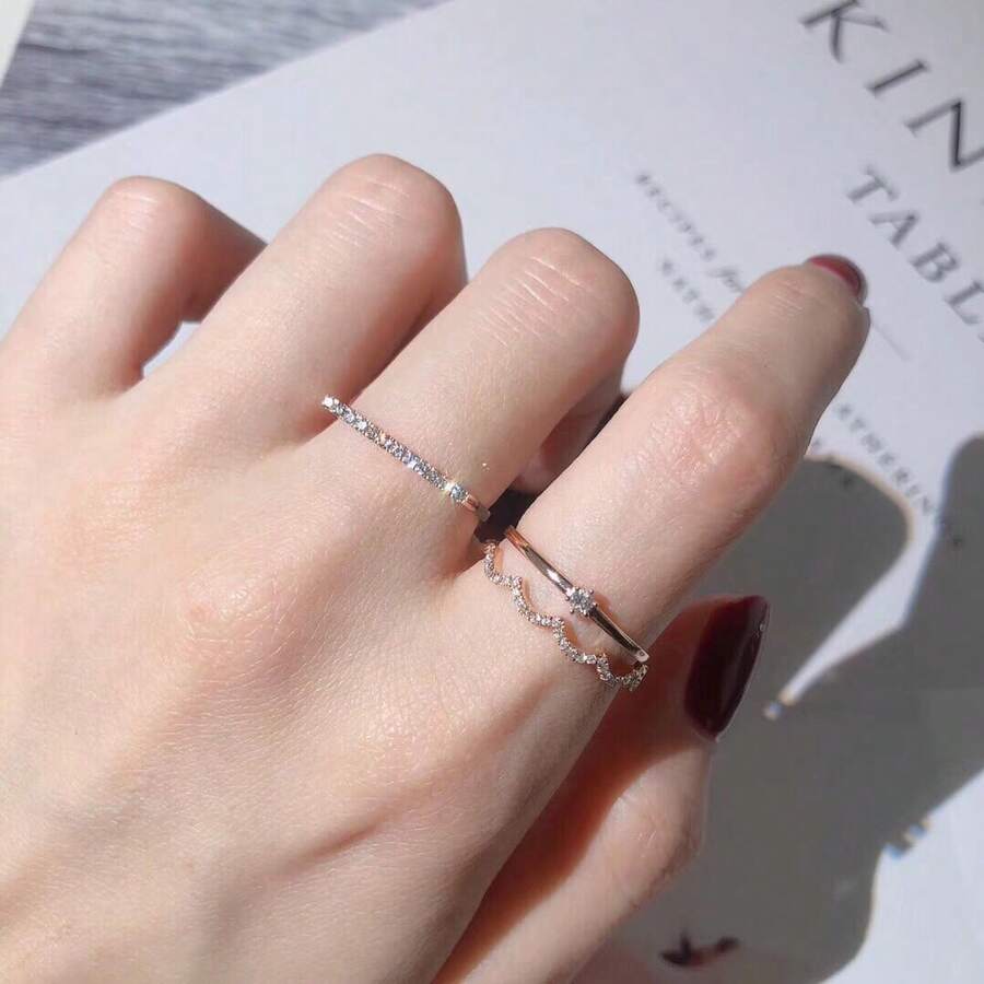 女士玫瑰戒指三件套，几何设计，人造锆石材质，休闲风格，四季皆宜，三件套首饰套装 - 玫瑰金 - 查看 1