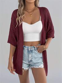Summer New Hollow Out Short Sleeve Knit Cardigan, Vacation Beach Cover Up Thin Jacket For Women - Burgundy - View 3