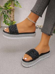 2026 New Rhinestone Embellished Thick Sole Wedge Slippers, Shiny Solid Color Unisex Crystal Sandals For Outdoor Wear, Spring/Summer - Black Full Diamond - View 3