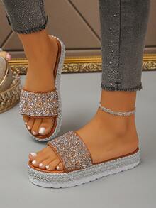 2026 New Rhinestone Embellished Thick Sole Wedge Slippers, Shiny Solid Color Unisex Crystal Sandals For Spring/Summer - Brown Colored Diamonds - View 3