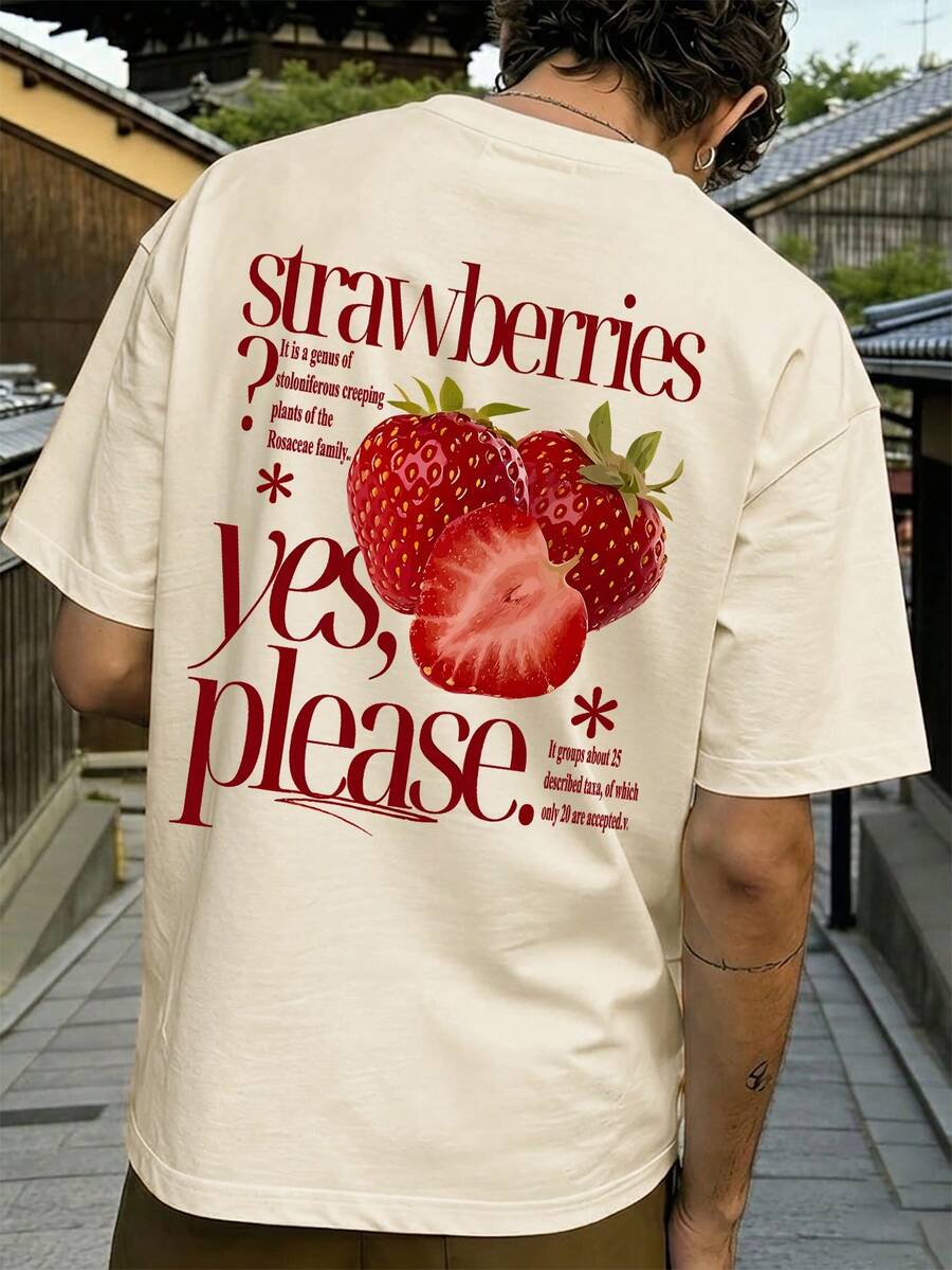 Fractyr 男士夏季时尚简约草莓字母印花短袖T恤 | 百搭街头休闲T恤 - 杏色 - 查看 1