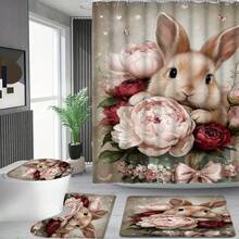 1/3/4件套复活节兔子主题浴室套装，包含彩蛋图案浴帘和防滑地垫，是完美的春季家居浴室装饰，也是实用又美观的礼物。 - B - 查看 12