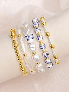 5PCS/Set Boho Style Blue And White Porcelain Faux Baroque Faux Pearl Beaded Golden Beaded Multi-Layer Bracelet Set, Suitable For Women Evening Party & Daily Wear For Woman Teen Girls Valentine's Day Summer Jewelry,Mom,Mother,Mother's Day Gift - Multicolor - View 3