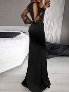 Elegant V-Neck Mesh Patchwork Long Sleeve Dress, Versatile For Daily, Work, Party, Evening Gown, Shiny Metallic Embossed Fashionable And Graceful Dress - Black - View 3
