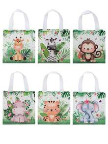 6 piezas Bolsas de tela no tejida con estampado de hojas y animales de la jungla, bolsas de regalo para baby shower, bolsas de fiesta de cumpleaños de niño/niña, suministros para fiesta de revelación de género, decoraciones para fiesta de cumpleaños "Wild One", bolsas para dulces, chocolates y meriendas para baby shower y boda, bolsas para meriendas de fiesta de recién nacido - Animales de la selva - Ver 7