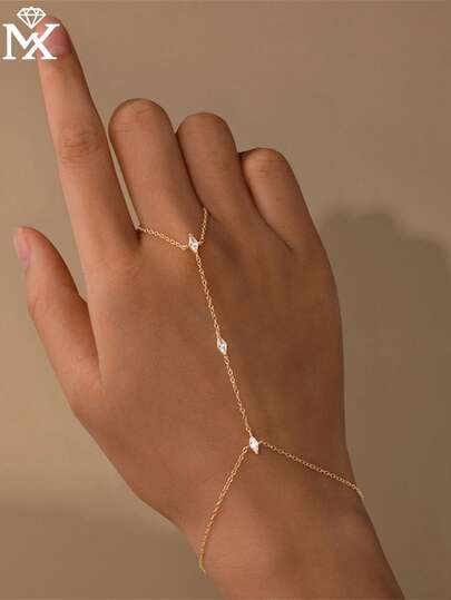 SYMFNY 925 Sterling Silver Geometric Zirconia Stacked Finger Chain, Luxury Pave Diamond Ring Bracelet, Exquisite Niche Versatile Accessories, Gift For Girlfriend, Bestie, Festivals, Dates, Commute, Elegant Jewelry