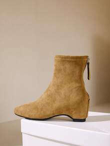 2026 New Square Toe Zipper Closure Chunky Heel Ankle Boots, Slim Fit Elevated Boots For Women - Apricot - View 4