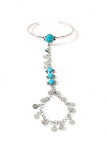 1pc Bohemian Vintage Faux Turquoise Disc Pendant Open Cuff Bracelet, Suitable For Daily, Casual, Beach Vacation Matching - Silver - View 7