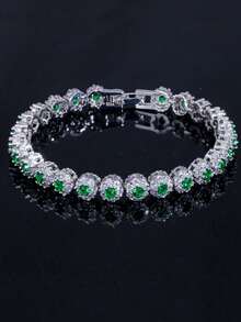 1pc Fashion Silver-Plated Blue-Green Round Cut Cubic Zirconia Flower Cluster Tennis Bracelet, Suitable For Wedding, Engagement Party, Ball, Gift For Ladies, Bridesmaids, Women Apparel Accessories - 1pcs Bracelet - View 13