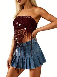 Top de tubo sin tirantes con lentejuelas y borlas para mujer, estilo boho, ideal para fiestas, clubes nocturnos y festivales. - Burdeos - Ver 5