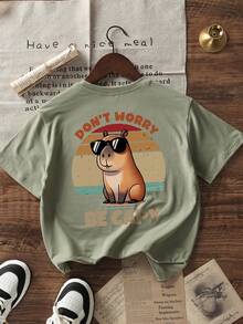 Kids Retro Capybara Graphic T-Shirt, Funny Slogan Print Casual Short Sleeve Top For Summer - Olive Green - View 3