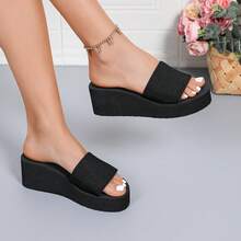 女士夏季纯黑色厚底人字拖，露趾厚底休闲沙滩拖鞋 - 黑色 - 查看 3