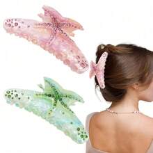 Pinza para el cabello con estrás en forma de estrella de mar estilo boho para la playa para mujeres, sujeta el moño en la parte posterior de la cabeza, sujetador de cola de caballo, accesorio para el cabello de vacaciones de verano - Morado - Ver 1