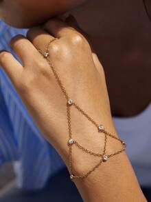 1pc Mesh Finger Chain Bracelet, Elegant Rhinestone Bracelet Jewelry Accessory - Gold - View 1