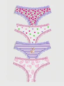 Bộ 4 chiếc quần lót dây mảnh dễ thương kiểu Kawaii dành cho nữ, họa tiết hoa, trái tim, sọc, hoạt hình, cạp trung bình. - Nhiều màu - Xem 3