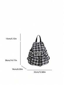 Mochila casual de nailon de gran capacidad y estilo de cuadros, con múltiples bolsillos, impermeable y plegable, con cordón y parche con letra, bolsa de viaje de verano - Blanco y Negro - Ver 6