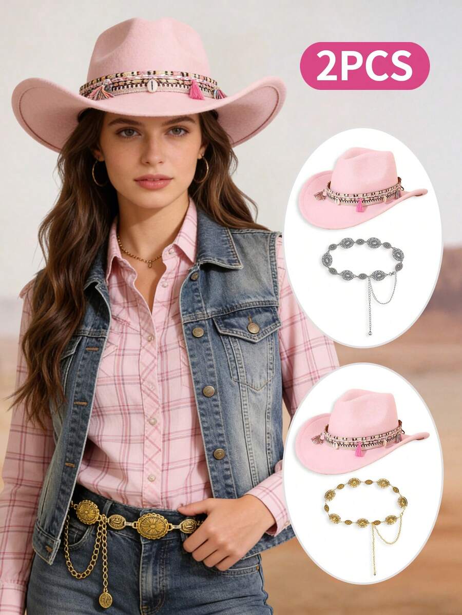2件套成人粉色毛毡牛仔帽，带流苏帽带和波西米亚风椭圆形金属腰链，适合女性万圣节服装、生日派对、角色扮演和拍照道具 - 帽子+腰鍊 - 查看 1