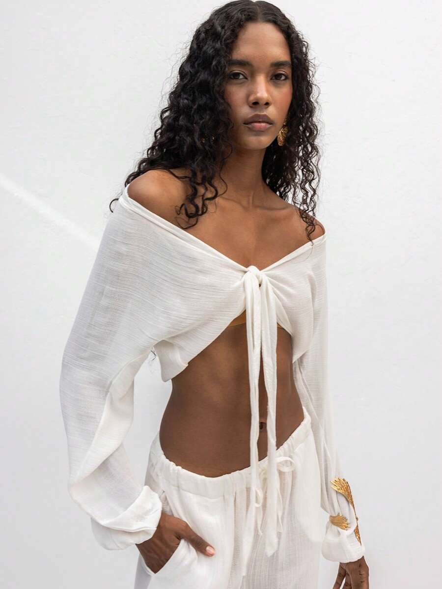 Iscose Blend Tie Front Crop Top - Boho Off White Off The Shoulder Long Sleeve Blouse - Cream - View 1