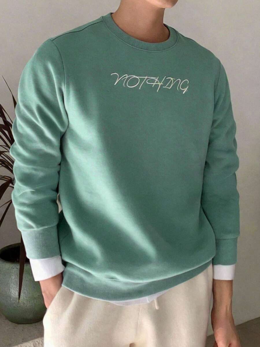 Men's Crew Neck Great Quality "Nothing" Script Graphic Mint Green Sweatshirt - Mint Green - View 1
