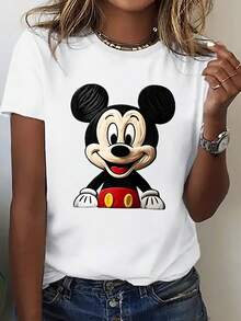 Disney Loose Fitting Oil Painting Texture Cute Mickey Mouse Portrait Printed T-Shirt, Suitable For Summer And Spring, Short Sleeved Tops, Women's Clothing, Holiday Gift Party Clothing. - Blanc - Voir 1