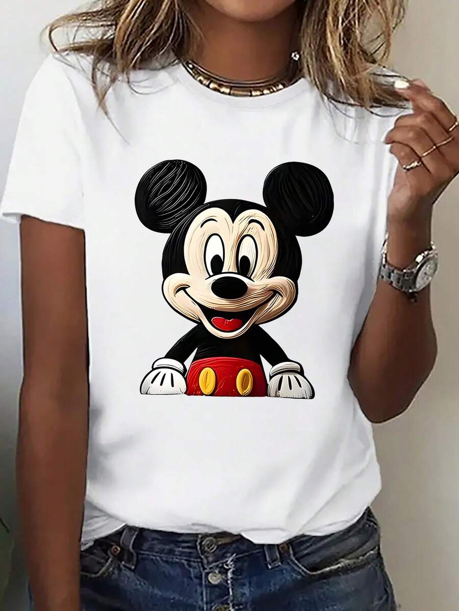 Disney Loose Fitting Oil Painting Texture Cute Mickey Mouse Portrait Printed T-Shirt, Suitable For Summer And Spring, Short Sleeved Tops, Women's Clothing, Holiday Gift Party Clothing. - Blanc - Voir 1