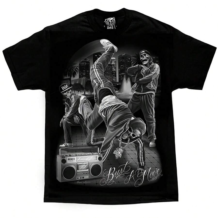 Camiseta para adultos con estampado de esqueleto haciendo breakdance, de D Gonzales Art DGA - Negro - Ver 1