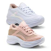 Kit 2 Pairs Of Women's Blogger Sneakers With Platform Casual Comfortable Casual Chunky Shoes High Sole Lightweight - 全息白+閃粉米色 - 查看 5