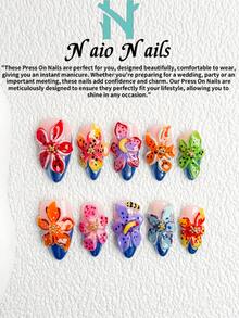 NAIO 10片/套 春夏手工按压式美甲贴片，棺材形/杏仁形/短方形甲片，Y2K 坏女孩风格，裸色、红色、黄色、紫色、绿色、蓝色，法式边缘，彩色恶魔花和蜜蜂浮雕，金色珠子镶嵌配件，奶油质地，适合女性和女孩，派对、日常佩戴，附带工具包，是送给女士美甲的绝佳礼物。 - 彩色 - 查看 3
