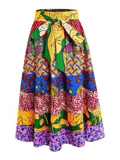 African Wax Print Woven Women Long Skirt Multicolor Rainbow Layered Patchwork Print Vacation